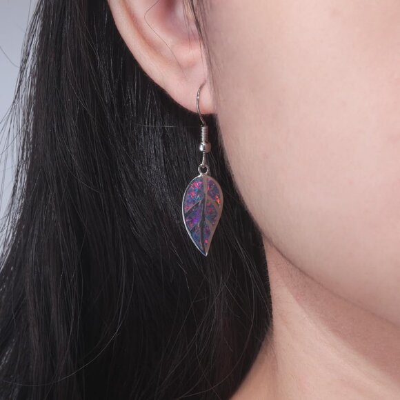 18K White Gold Plated Leaf Opal Dangle Drop Earrings for Women Teen Girls Hypoal - Picture 2 of 8